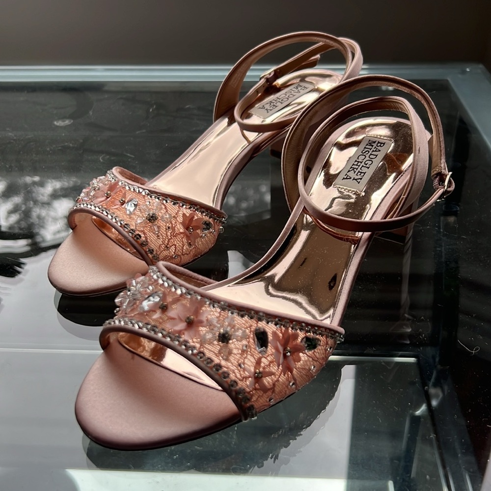 Badgley Mischka Pink Satin Floral Crystal Block Heel Sandals - Picture 6 of 13